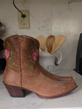 Tony Lama Brown Leather Western Ankle Boots with Pink Floral Embroidery